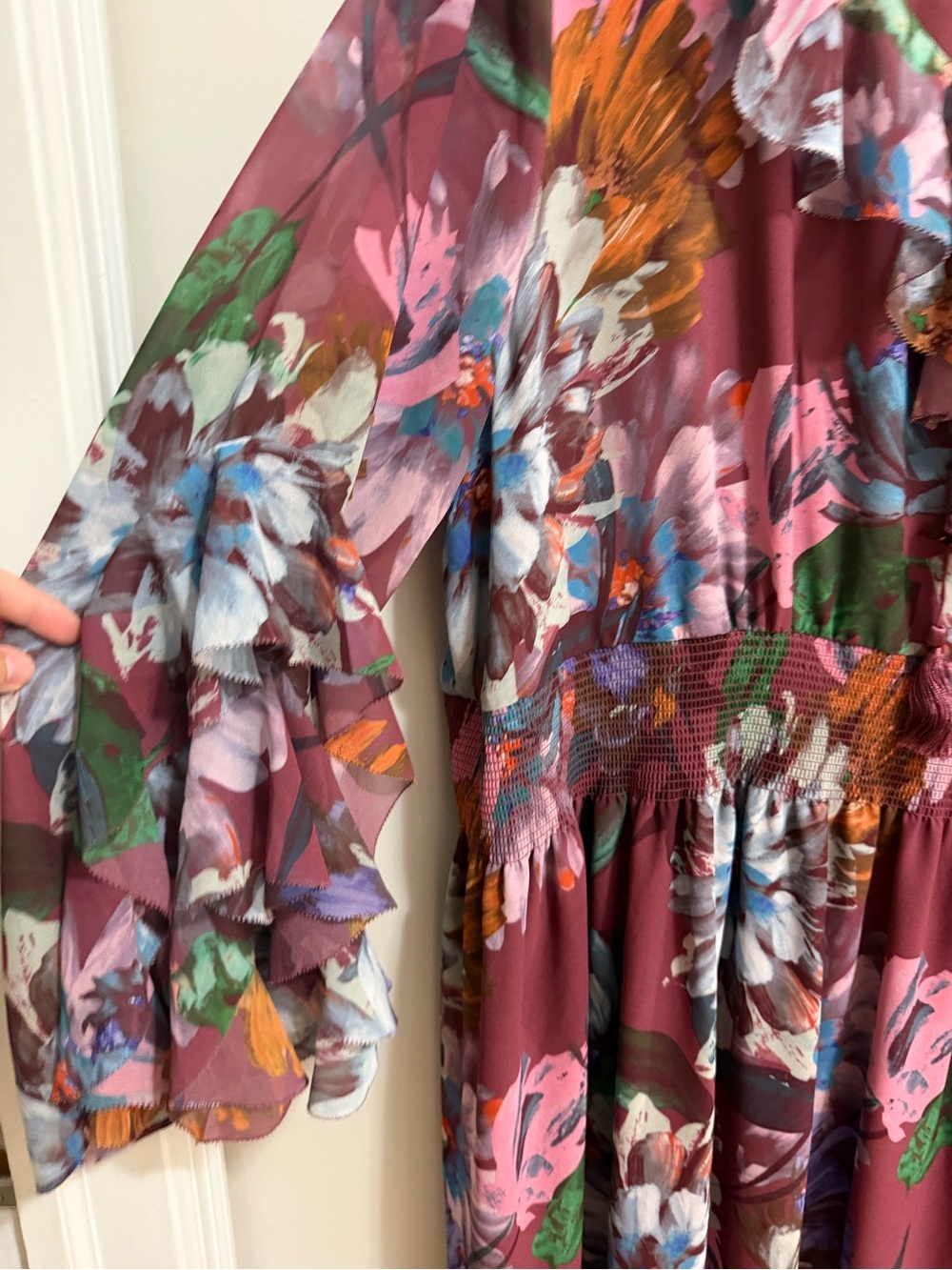 Soft Surroundings Floral Ruffle Maxi Dress Maroon Burgundy Plus Size 3X - Picture 5 of 12